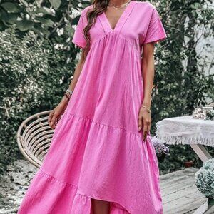Pink dolman sleeve ruffle smock maxi dress size LARGE